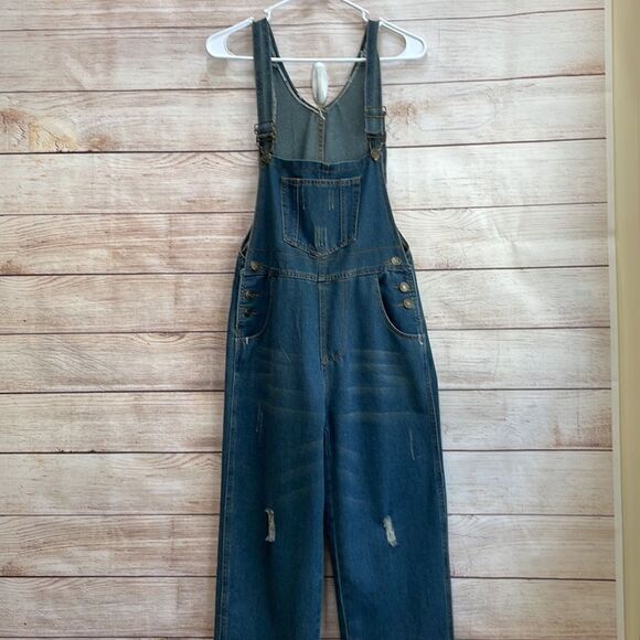 DISTRESSED LIGHTWEIGHT DENIM OVERALLS IN BLUE - Picture 1 of 10